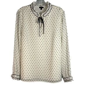Talbots WM Tie‎ Neck Top White with Black Embroidered Small Dots and Ruffle Neck